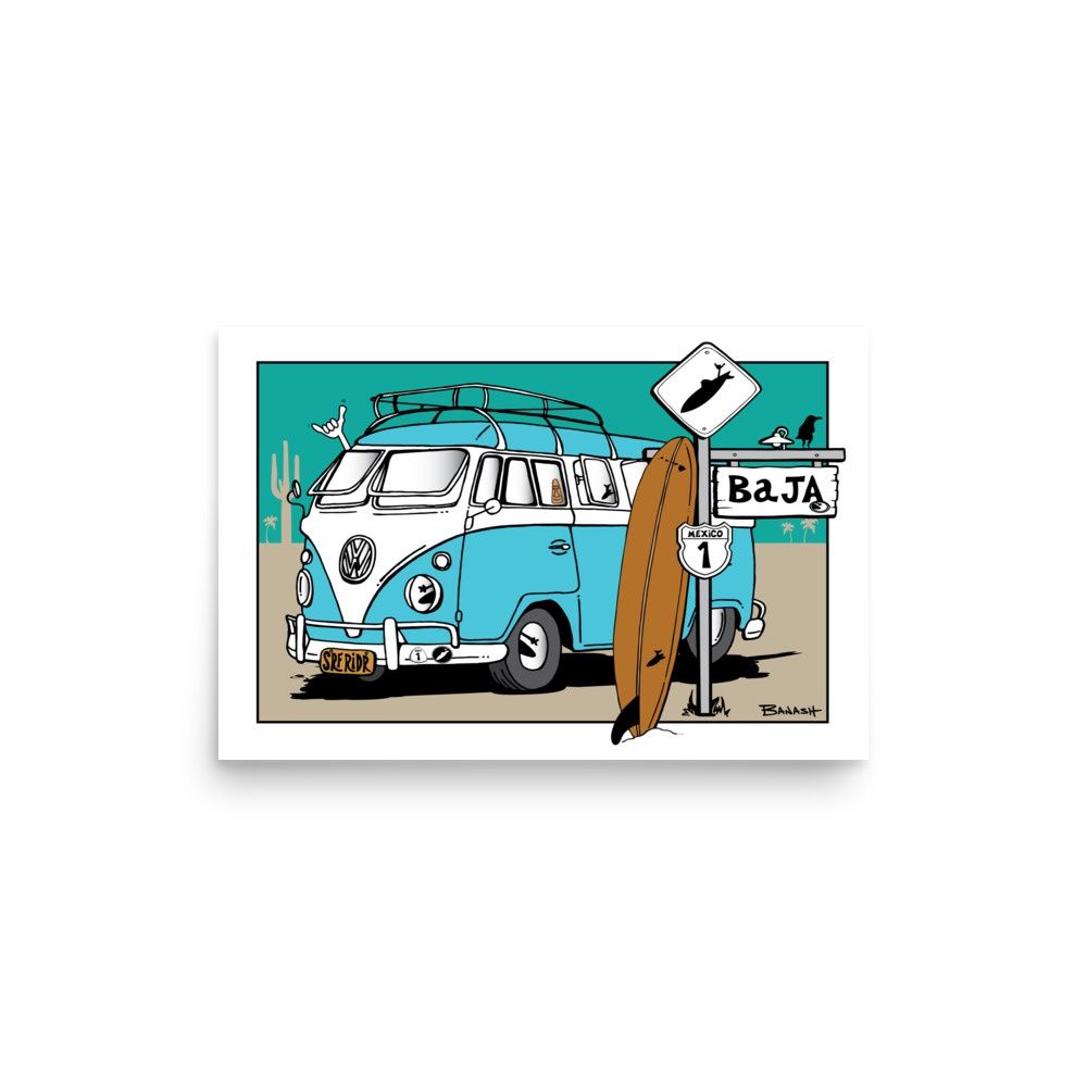 BAJA SURF XING . SURF BUS LONGBOARD | POSTER PRINT | ILLUSTRATION | 2:3 RATIO