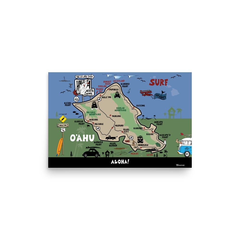 HAWAIIAN ISLANDS MAP | OAHU NORTH SHORE ISLE | POSTER PRINT | ILLUSTRATION | 2:3 RATIO