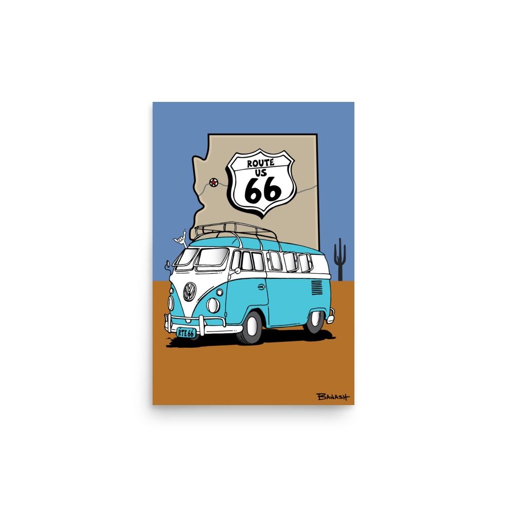 ROUTE 66 . ARIZONA STATE OUTLINE . VW BUS | POSTER PRINT | ILLUSTRATION | 2:3 RATIO