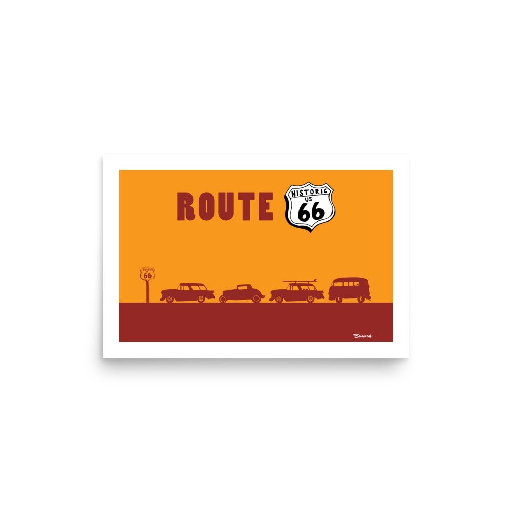 ROW OF HOTRODS . HISTORIC ROUTE 66 SIGN | POSTER PRINT | ILLUSTRATION | 2:3 RATIO, Size: 12x18