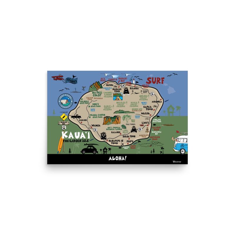 HAWAIIAN ISLANDS MAP | KAUAI GARDEN ISLE | POSTER PRINT | ILLUSTRATION | 2:3 RATIO