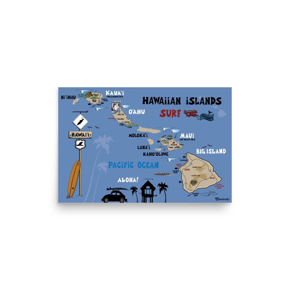 DESTINATION MAP . HAWAIIAN ISLAND CHAIN | POSTER PRINT | ILLUSTRATION | 2:3 RATIO