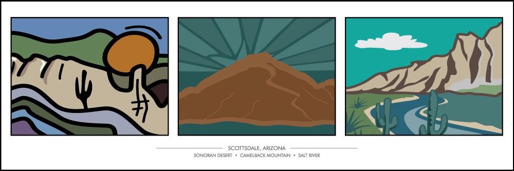 SCOTTSDALE ARIZONA SCENE TRIO | CANVAS | ILLUSTRATION | 1:3 RATIO
