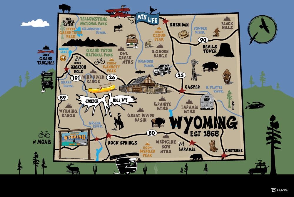 WYOMING DESTINATION MAP | LOOSE PRINT | ILLUSTRATION | 2:3 RATIO