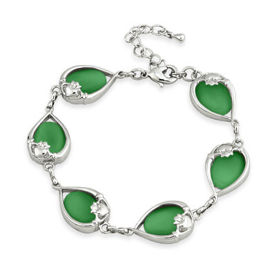 Rhodium Plated Green Cat Eye Claddagh bracelet