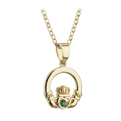 Gold Plated Claddagh with Green Stone pendant