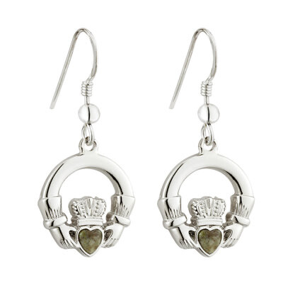 Rhodium Connemara Marble Claddagh earrings