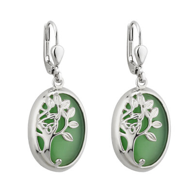 Rhodium Green Tree of Life drop earrings