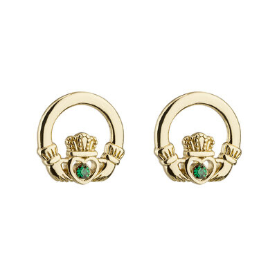 Gold Plated Claddagh Stud earrings with Green Stone