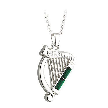 Silver Plated Harp with Green Stone pendant