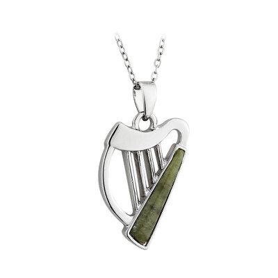 Rhodium Plated Connemara Marble Harp pendant