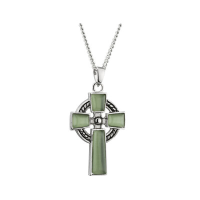 Rhodium Green Cat Eye Celtic Cross Pendant