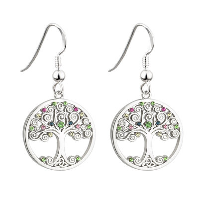 Rhodium Tree of Life Drop earrings with Stones