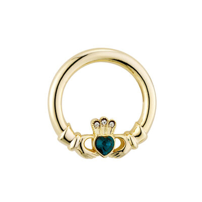 Gold Plated Claddagh Brooch with Green Stone