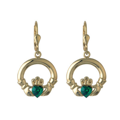 Gold Plated Claddagh drop earrings with Green Stone