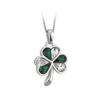 Rhodium Plated Shamrock with Green and Clear Crystals necklace