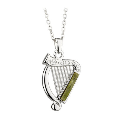Harp and Connemara Marble Rhodium Plated pendant