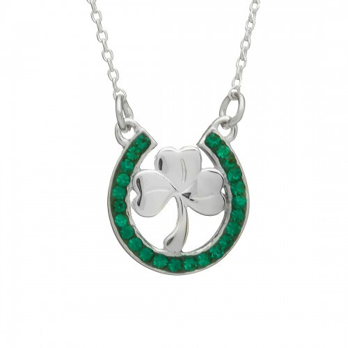 Shamrock Horseshoe Necklace-Green Stone