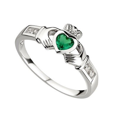 Sterling Silver with Syn. Emerald Claddagh Ring