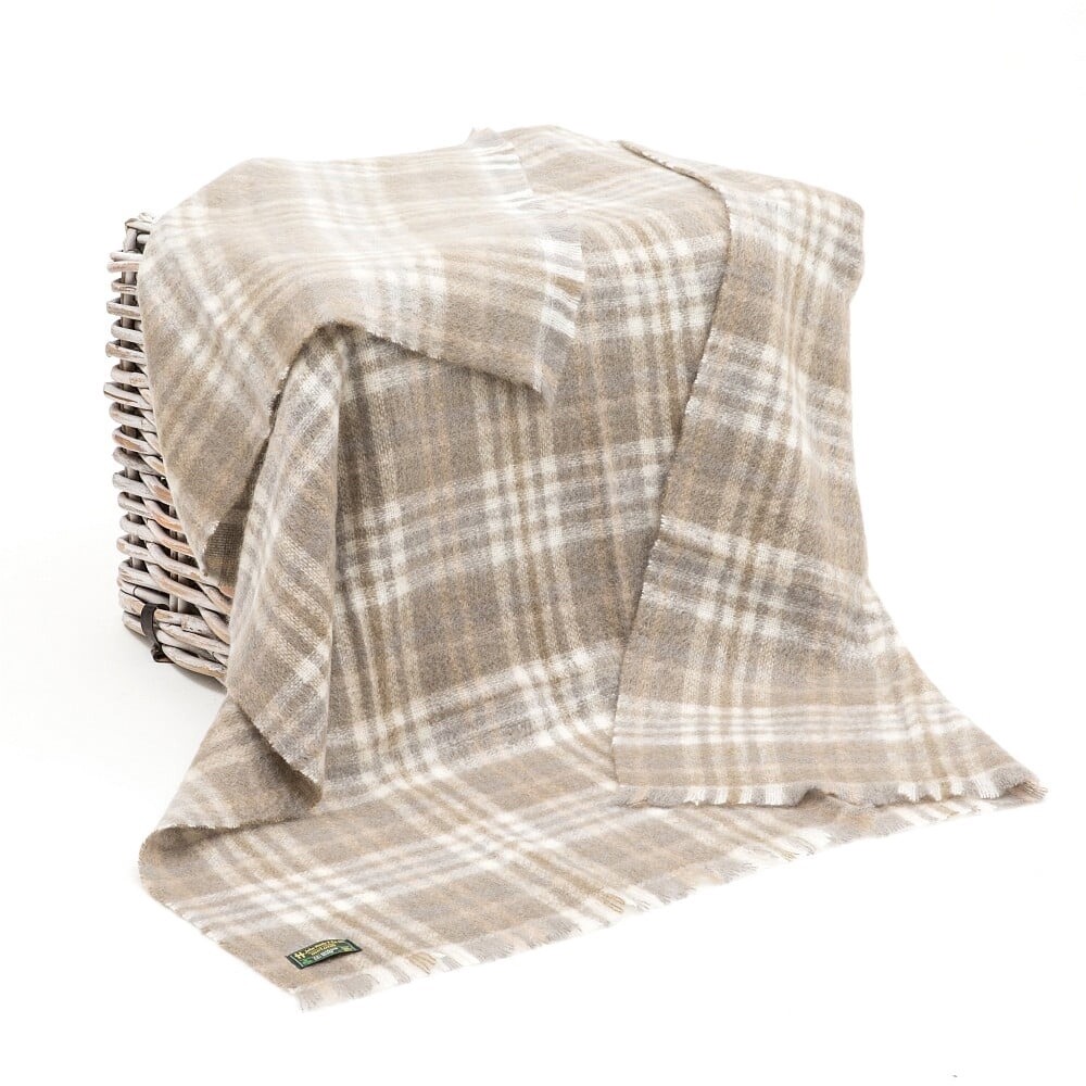  Mohair Throw White Taupe Plaid - Large