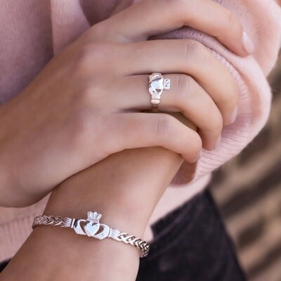 Sterling Silver Claddagh Knotwork Adjustable Bangle