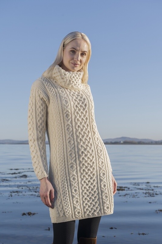 Merino Wool Cable Knit Cowl Sweater Dress