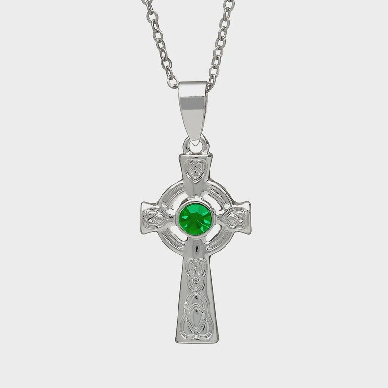 Silver Plated Celtic Cross Pendant-Green Stone
