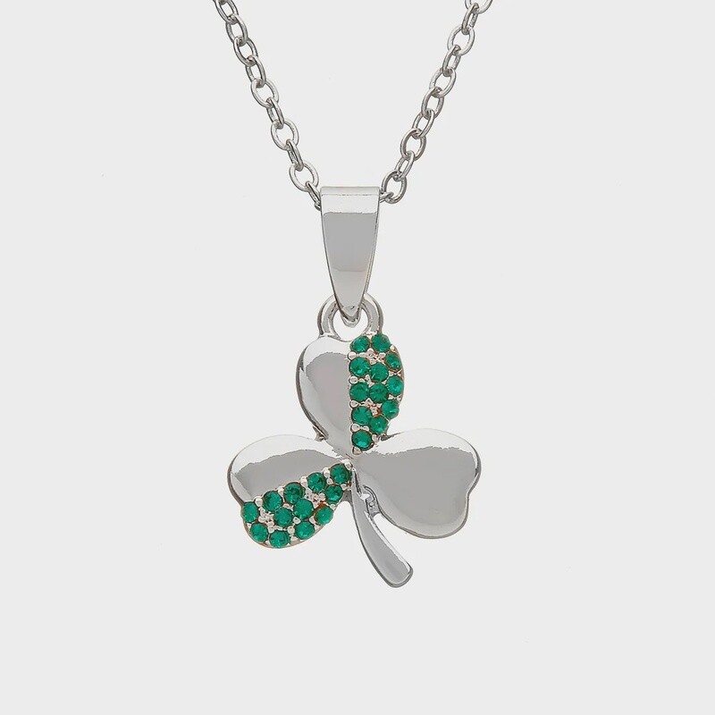 Silver Plated Shamrock Pendant/Green Cubic