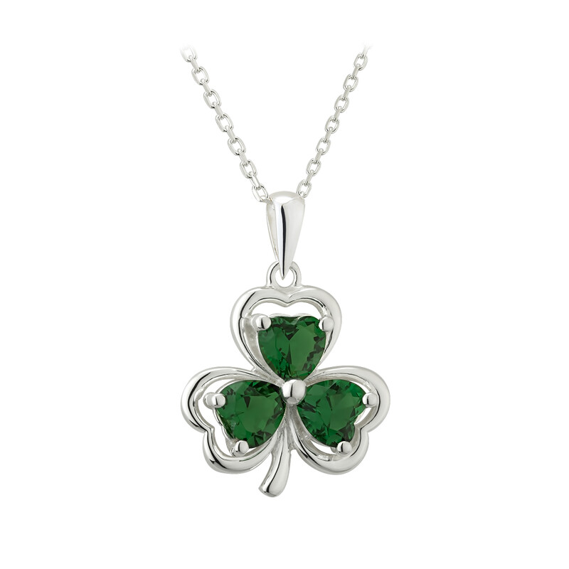Sterling Silver Shamrock with Green Crystal leaves necklace