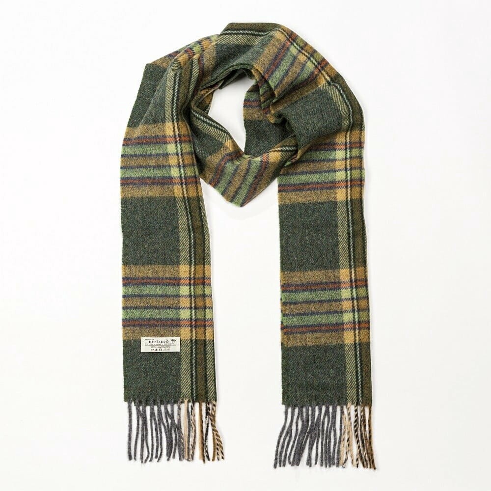 Irish Wool Scarf Long Dark Green Mint Mustard Check