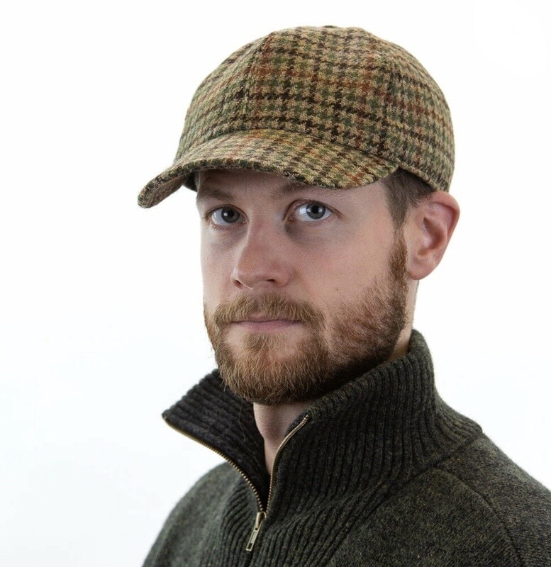 Tweed Baseball Cap with Ear Flaps - Brown Houndstooth