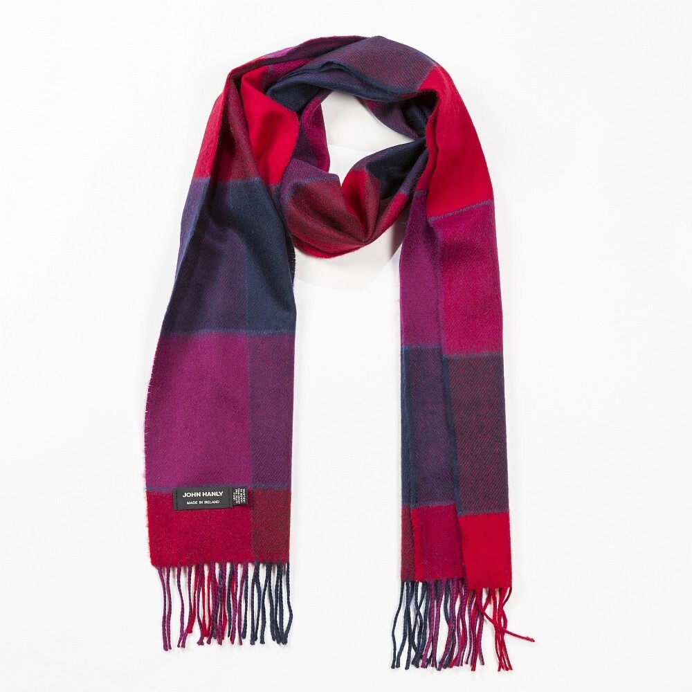 Merino Luxury Wool Scarf Red Pink &amp; Navy Black Check