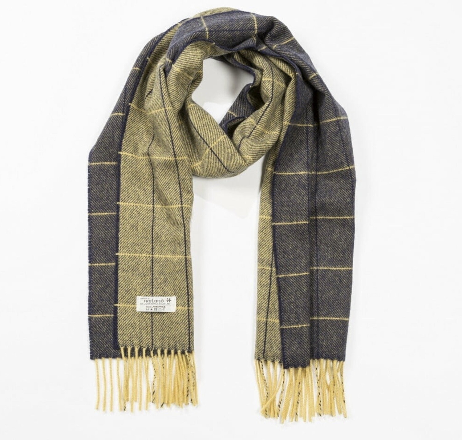 Irish Wool Scarf Medium Navy Yellow Window Pane