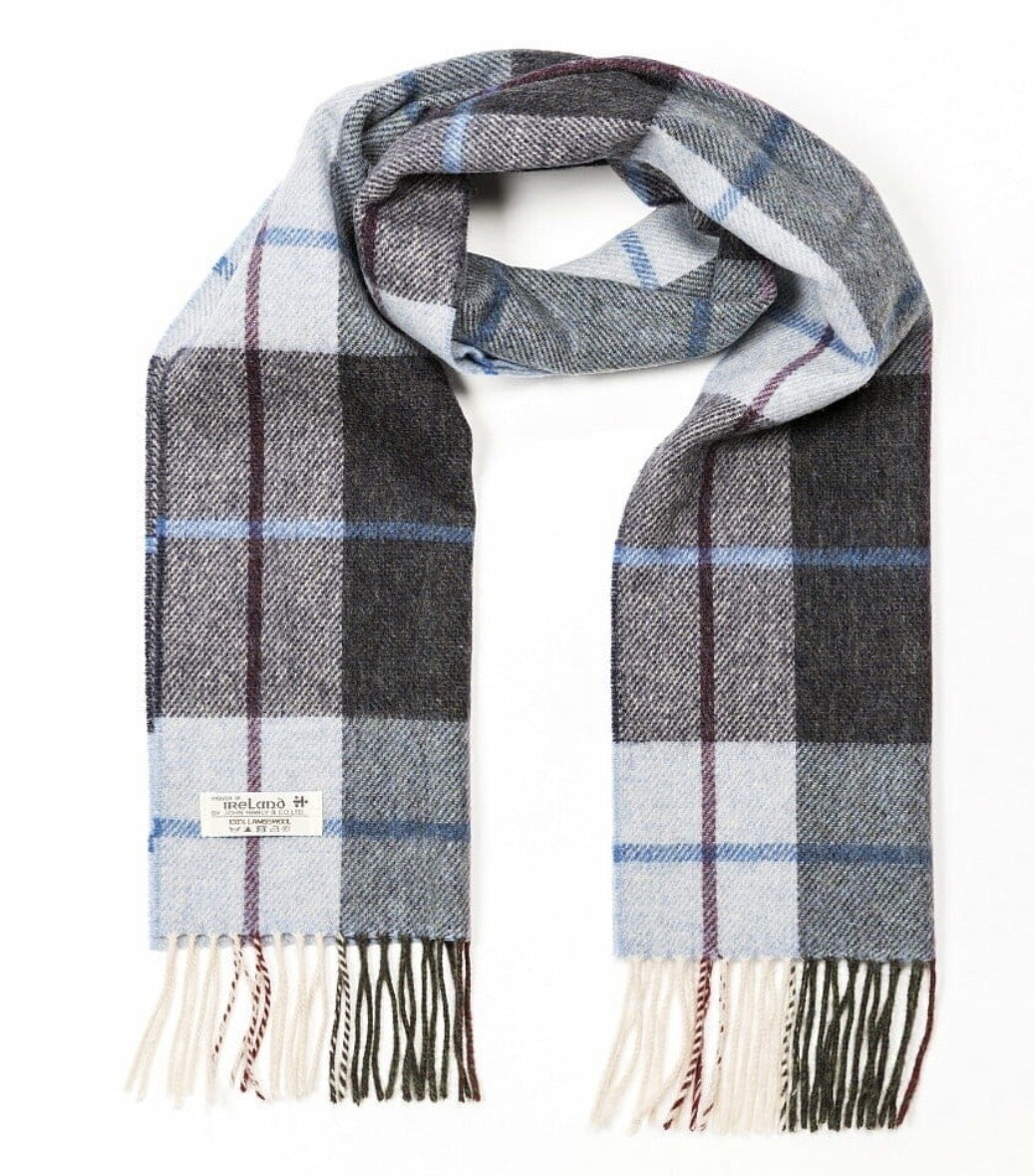 Irish Wool Scarf Short Light Blue Charcoal Check