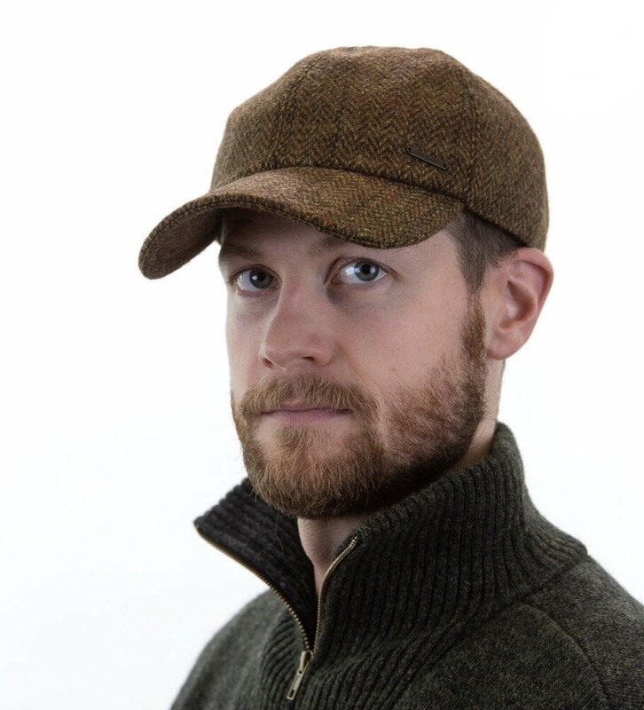 Tweed Baseball Cap with Ear Flaps Brown Herringbone