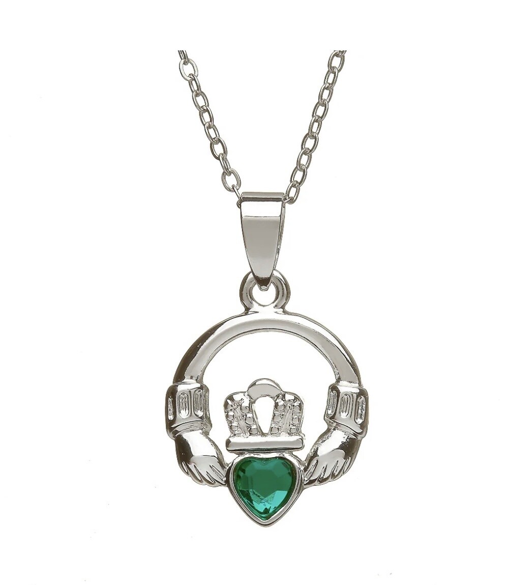 Silver Plate Claddagh Necklace-Green Stone