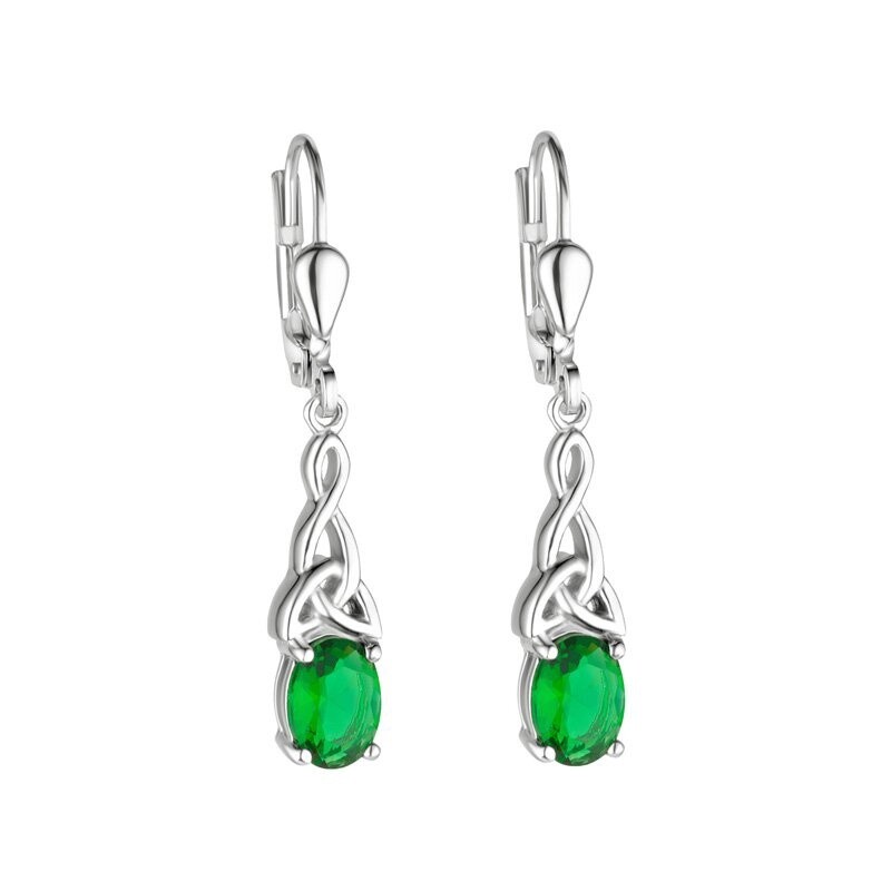 Trinity Knot drop earrings with Green Crystal