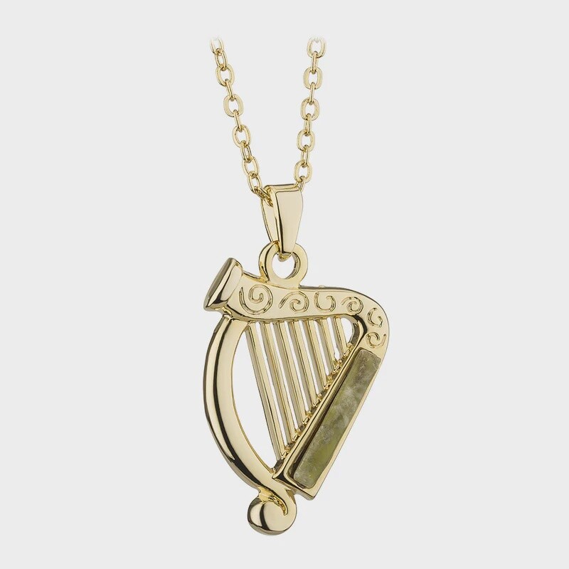 Gold Plated Connemara Marble Harp pendant