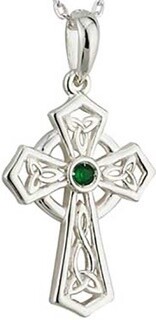 Sterling Silver Pointed Cross with Green stone pendant