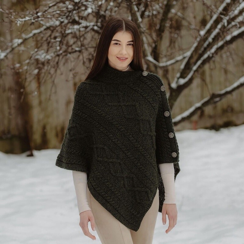 Cable Knit Cowl Neck Poncho - Dark Army
