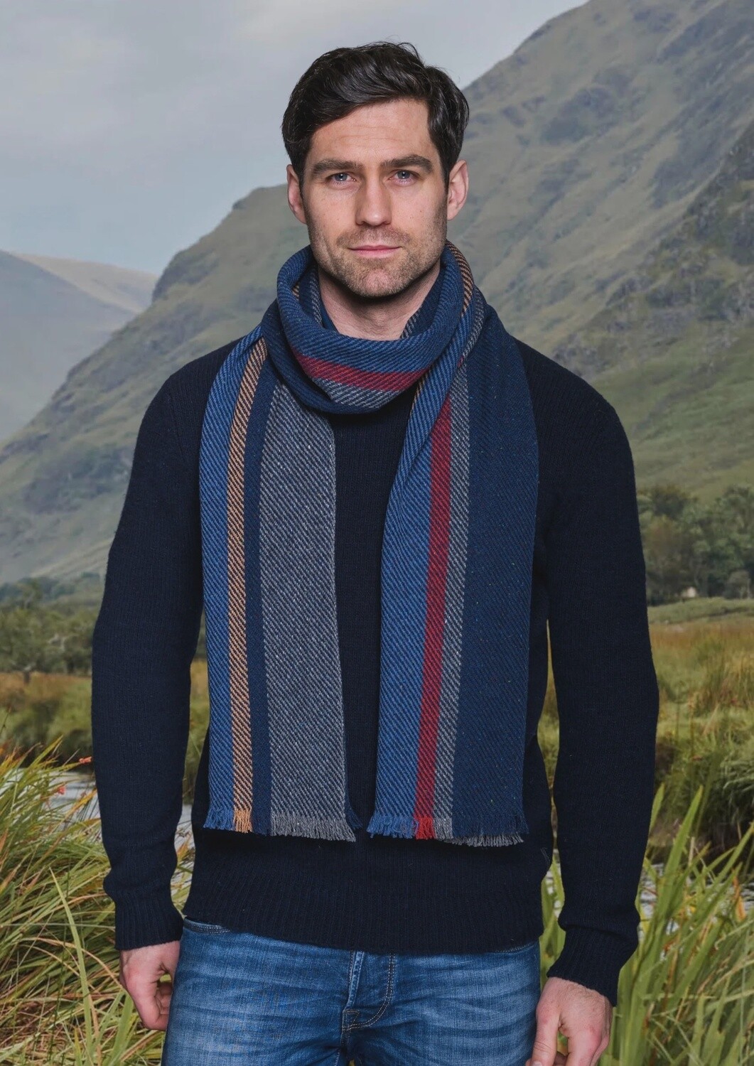 Soft Donegal Scarf - Red Blue Stripe