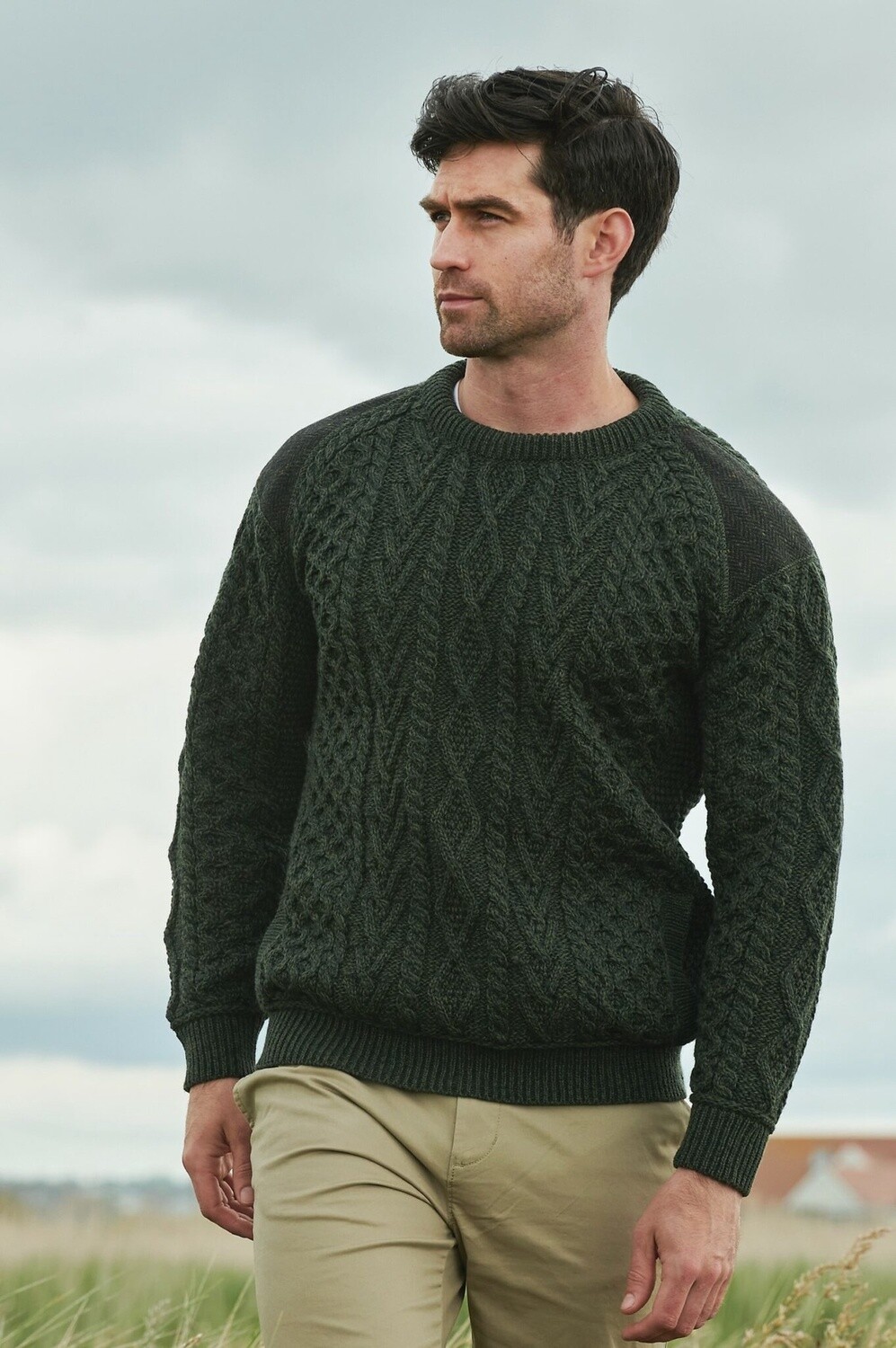 Sligo Crew Neck Sweater with Tweed, Colour: Army Green, Size: Small