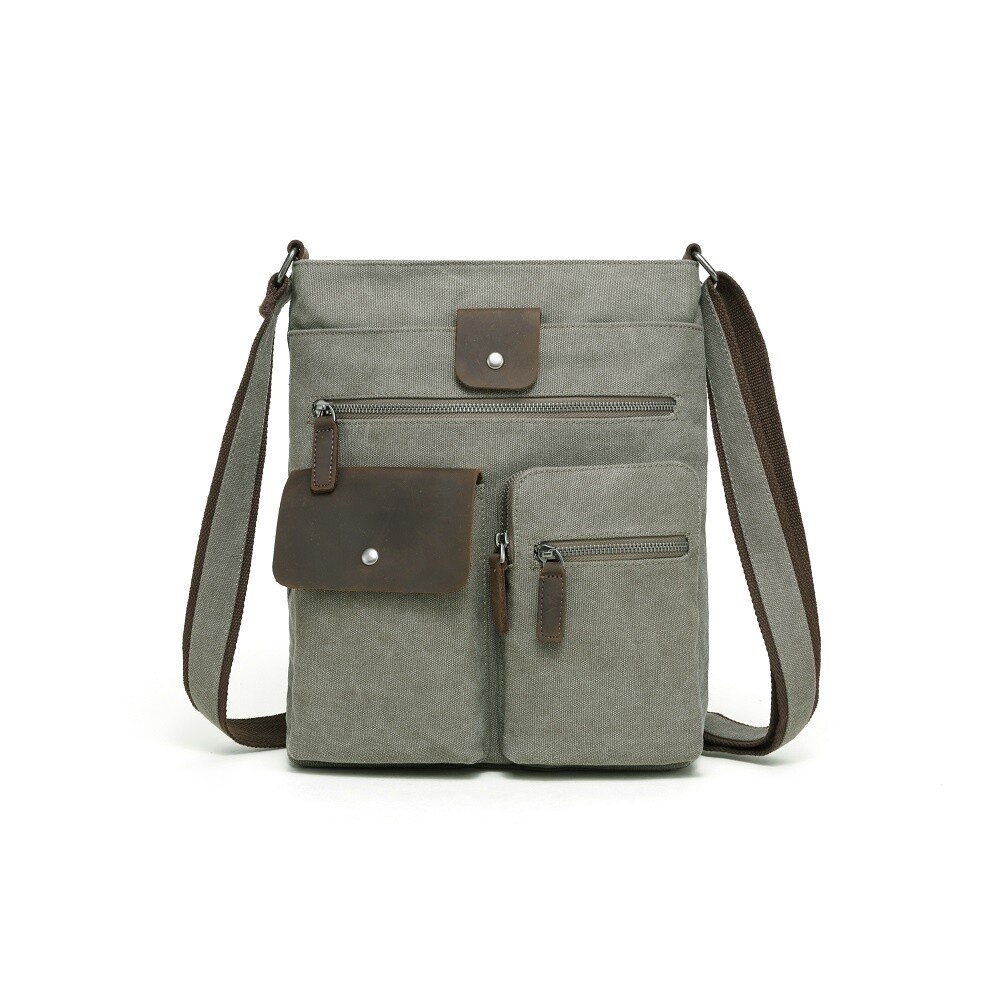 Canvas Messenger Bag W/ Leather Trim - Green, Colour: Green
