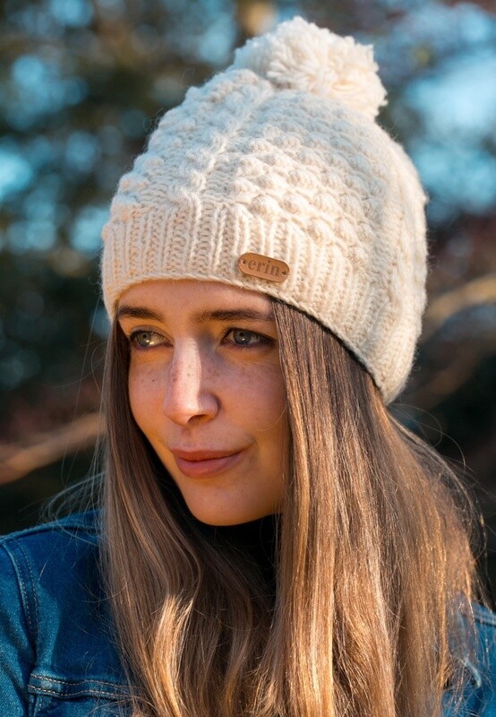Aran Cable Blackberry Bobble Hat - White