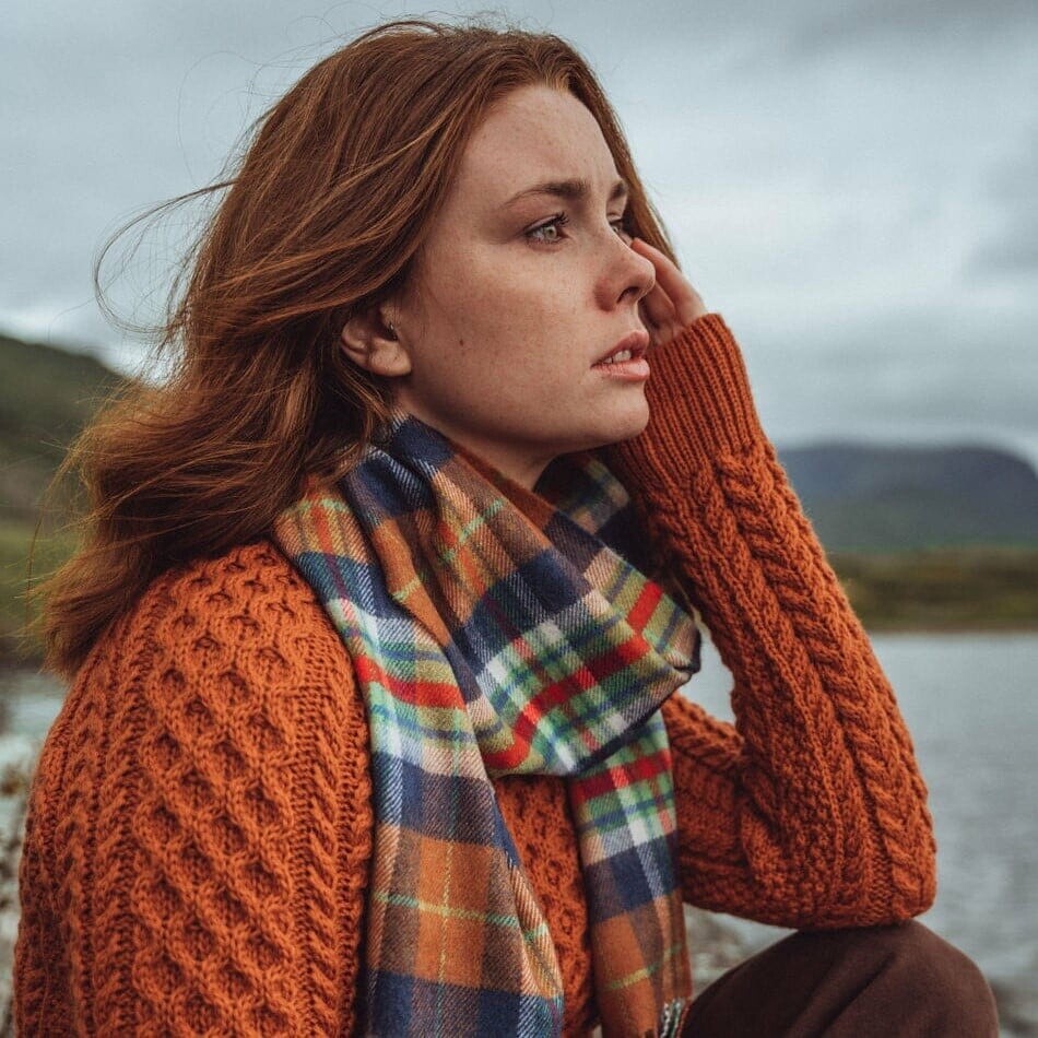 100% Merino Wool Scarf - Orange NavyGreen Red Check