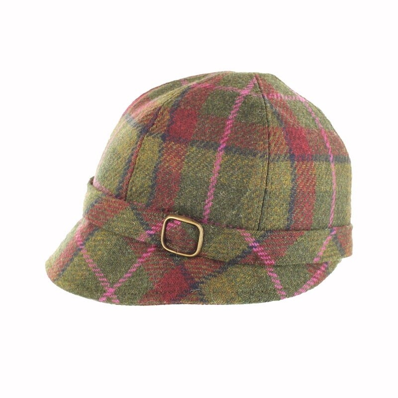 Flapper Tweed Hat -Green check W/ Pink Stripe #402