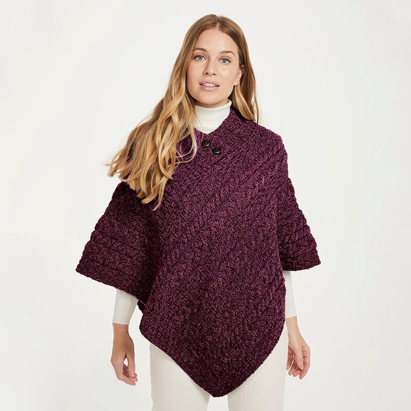 Cable Knit Poncho w/buttons-Purple