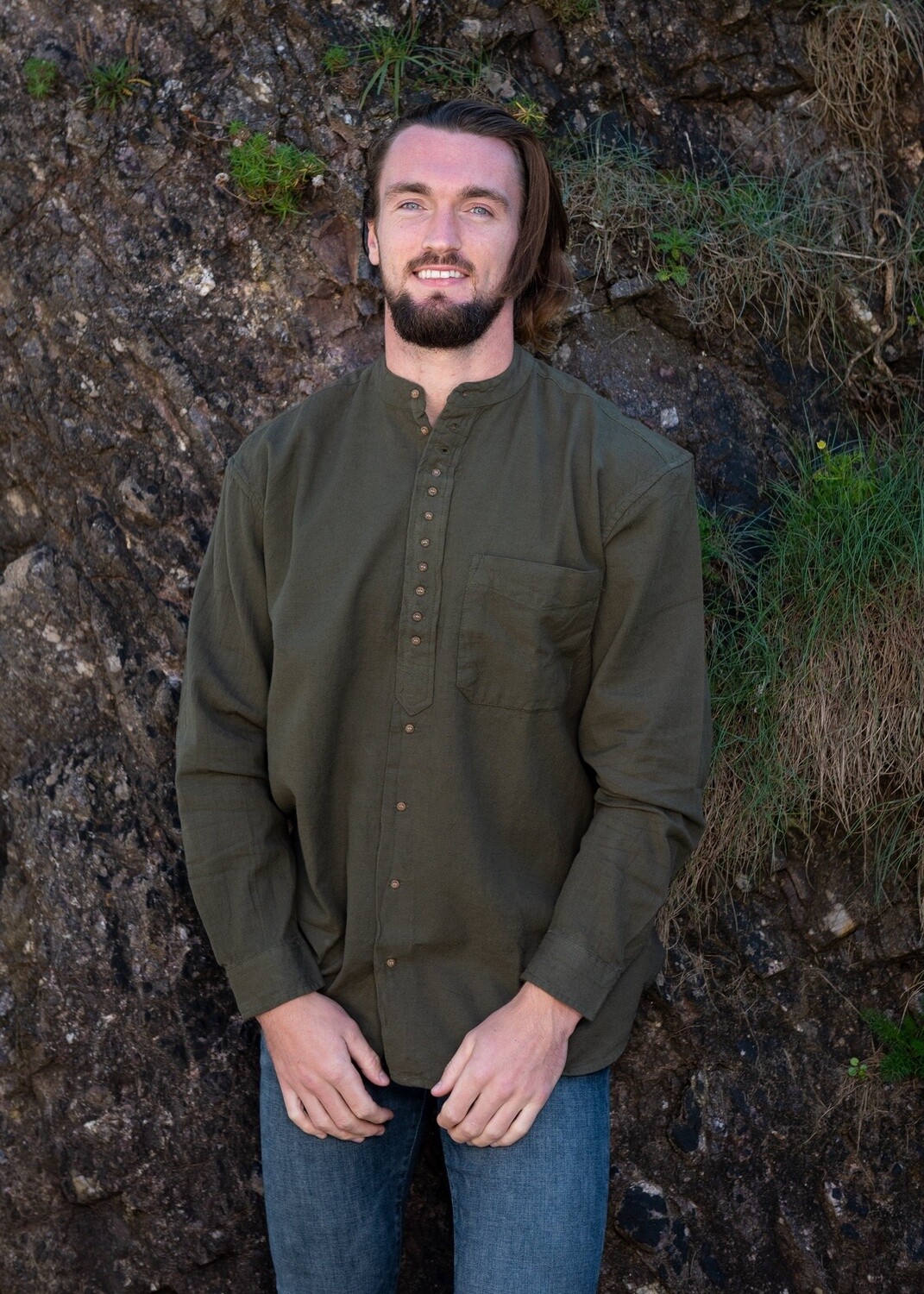 Cotton &amp; Flax Grandfather Shirt - Army Green