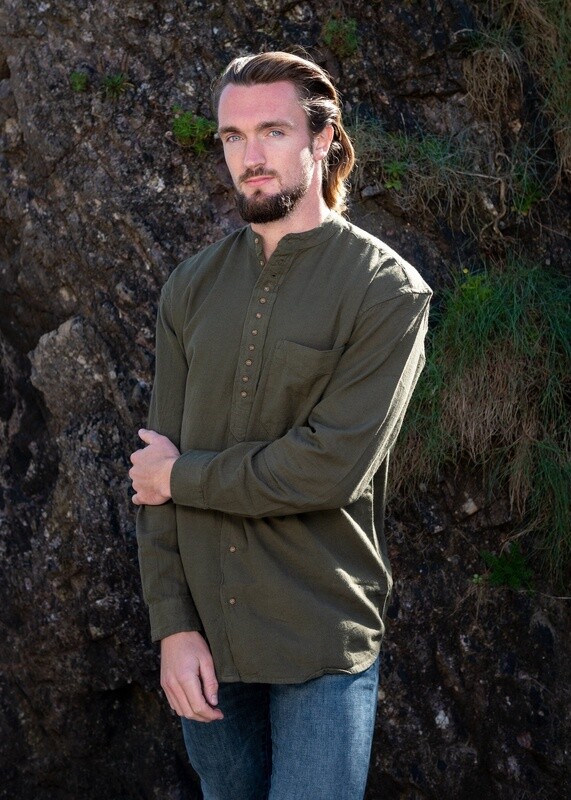Cotton &amp; Flax Grandfather Shirt - Army Green