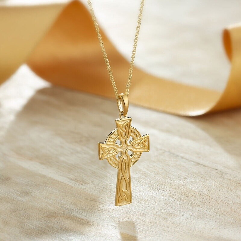 10K Gold Celtic Cross Double Sided Necklace